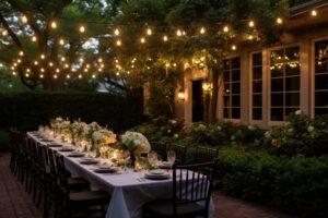 Reception dinner tablescape at evening. Serving banquette table outdoor.
