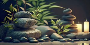 image of bamboo stones and leaves background for wellness spa treatments